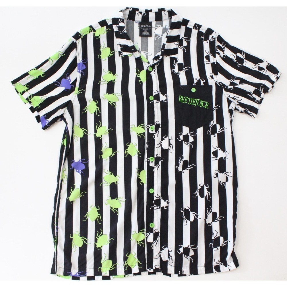 Beetlejuice Button Down Shirt Medium Black & White Stripe Purple & Green Beetles